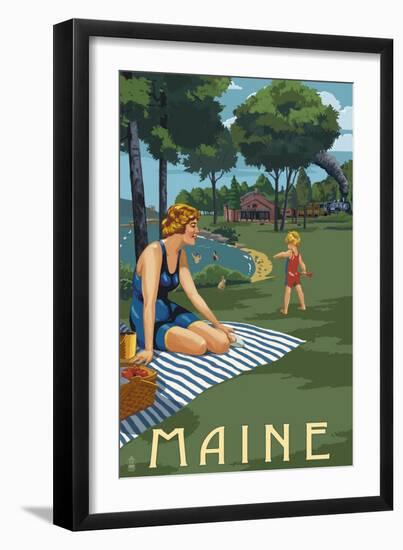 Maine - Lake and Picnic Scene-Lantern Press-Framed Art Print