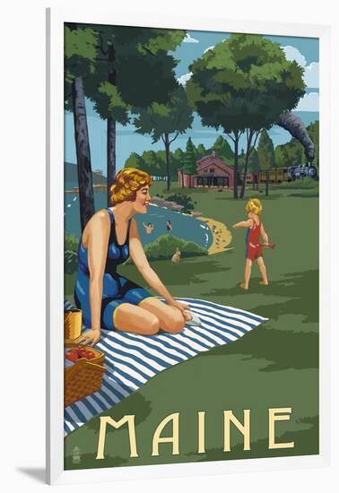 Maine - Lake and Picnic Scene-Lantern Press-Framed Art Print