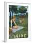 Maine - Lake and Picnic Scene-Lantern Press-Framed Art Print