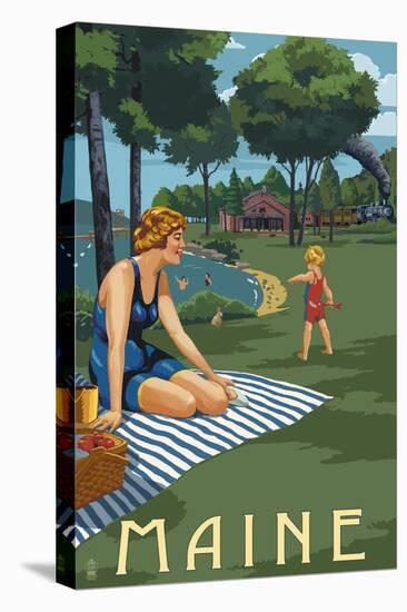 Maine - Lake and Picnic Scene-Lantern Press-Stretched Canvas