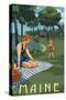 Maine - Lake and Picnic Scene-Lantern Press-Stretched Canvas