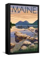 Maine - Lake Scene and Canoe-Lantern Press-Framed Stretched Canvas