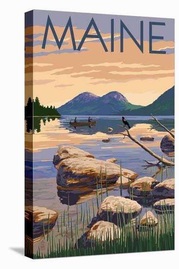 Maine - Lake Scene and Canoe-Lantern Press-Stretched Canvas