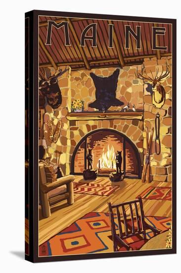 Maine - Lodge Interior-Lantern Press-Stretched Canvas