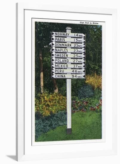 Maine - Mile Marker Sign Post of Odd Distances to Different Cities, Countries-Lantern Press-Framed Art Print