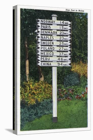 Maine - Mile Marker Sign Post of Odd Distances to Different Cities, Countries-Lantern Press-Stretched Canvas