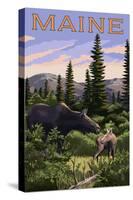 Maine - Moose and Baby Scene-Lantern Press-Stretched Canvas