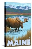 Maine - Moose Drinking in Lake-Lantern Press-Stretched Canvas