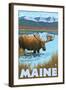 Maine - Moose Drinking in Lake-Lantern Press-Framed Art Print