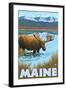 Maine - Moose Drinking in Lake-Lantern Press-Framed Art Print