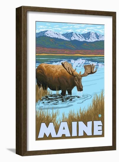 Maine - Moose Drinking in Lake-Lantern Press-Framed Art Print