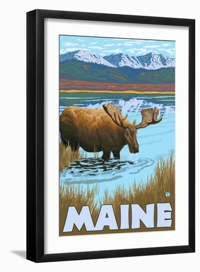 Maine - Moose Drinking in Lake-Lantern Press-Framed Art Print
