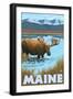 Maine - Moose Drinking in Lake-Lantern Press-Framed Art Print