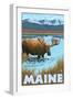 Maine - Moose Drinking in Lake-Lantern Press-Framed Art Print