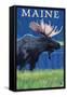 Maine - Moose in the Moonlight-Lantern Press-Framed Stretched Canvas