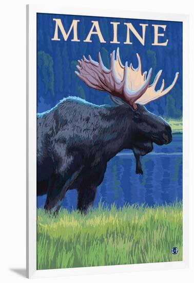 Maine - Moose in the Moonlight-Lantern Press-Framed Art Print