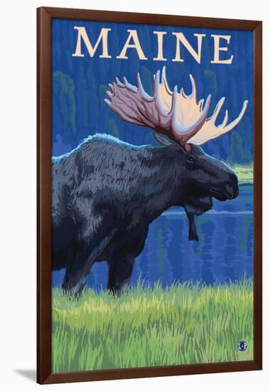 Maine - Moose in the Moonlight-Lantern Press-Framed Art Print