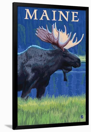 Maine - Moose in the Moonlight-Lantern Press-Framed Art Print