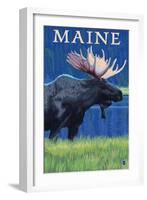 Maine - Moose in the Moonlight-Lantern Press-Framed Art Print
