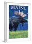 Maine - Moose in the Moonlight-Lantern Press-Framed Art Print