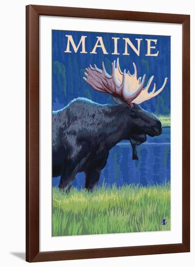 Maine - Moose in the Moonlight-Lantern Press-Framed Art Print