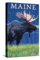 Maine - Moose in the Moonlight-Lantern Press-Stretched Canvas