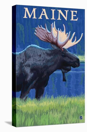 Maine - Moose in the Moonlight-Lantern Press-Stretched Canvas