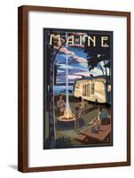 Maine - Retro Camper and Lake-Lantern Press-Framed Art Print