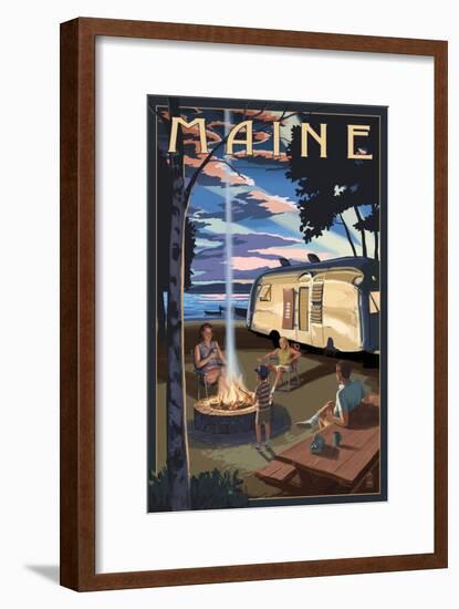 Maine - Retro Camper and Lake-Lantern Press-Framed Art Print