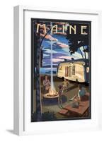 Maine - Retro Camper and Lake-Lantern Press-Framed Art Print