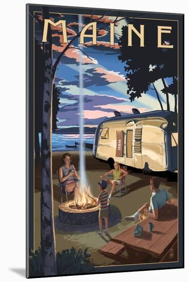 Maine - Retro Camper and Lake-Lantern Press-Mounted Art Print
