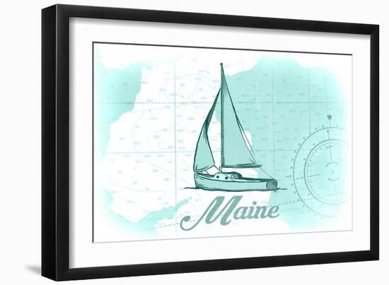 Maine - Sailboat - Teal - Coastal Icon-Lantern Press-Framed Art Print