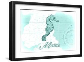 Maine - Seahorse - Teal - Coastal Icon-Lantern Press-Framed Art Print