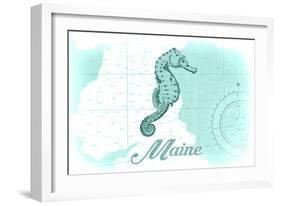 Maine - Seahorse - Teal - Coastal Icon-Lantern Press-Framed Art Print