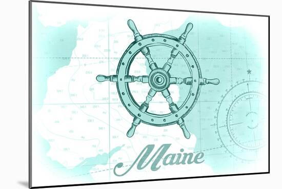 Maine - Ship Wheel - Teal - Coastal Icon-Lantern Press-Mounted Art Print