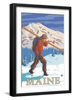 Maine - Skier Carrying Skis-Lantern Press-Framed Art Print