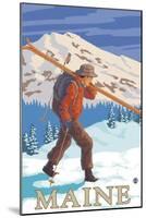 Maine - Skier Carrying Skis-Lantern Press-Mounted Art Print