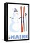 Maine, Snowman with Skis-Lantern Press-Framed Stretched Canvas