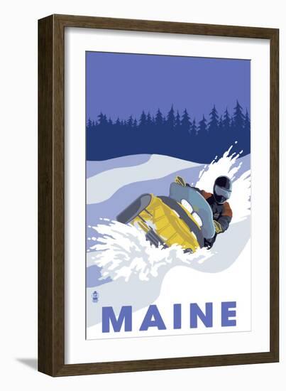 Maine, Snowmobile Scene-Lantern Press-Framed Art Print