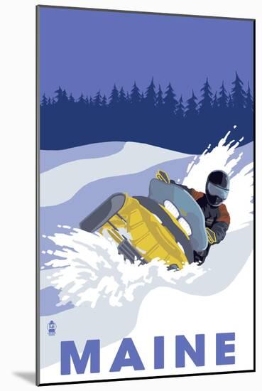 Maine, Snowmobile Scene-Lantern Press-Mounted Art Print