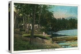 Maine - View of a Woman on a Canoe by the Shore-Lantern Press-Stretched Canvas