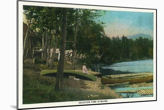 Maine - View of a Woman on a Canoe by the Shore-Lantern Press-Mounted Art Print