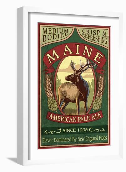 Maine - White Tailed Deer Ale Vintage Sign-Lantern Press-Framed Art Print