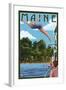 Maine - Woman Diving and Lake-Lantern Press-Framed Art Print