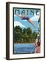 Maine - Woman Diving and Lake-Lantern Press-Framed Art Print