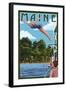 Maine - Woman Diving and Lake-Lantern Press-Framed Art Print