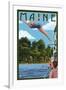 Maine - Woman Diving and Lake-Lantern Press-Framed Art Print