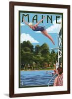 Maine - Woman Diving and Lake-Lantern Press-Framed Art Print