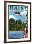 Maine - Woman Diving and Lake-Lantern Press-Framed Art Print