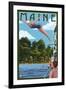 Maine - Woman Diving and Lake-Lantern Press-Framed Art Print